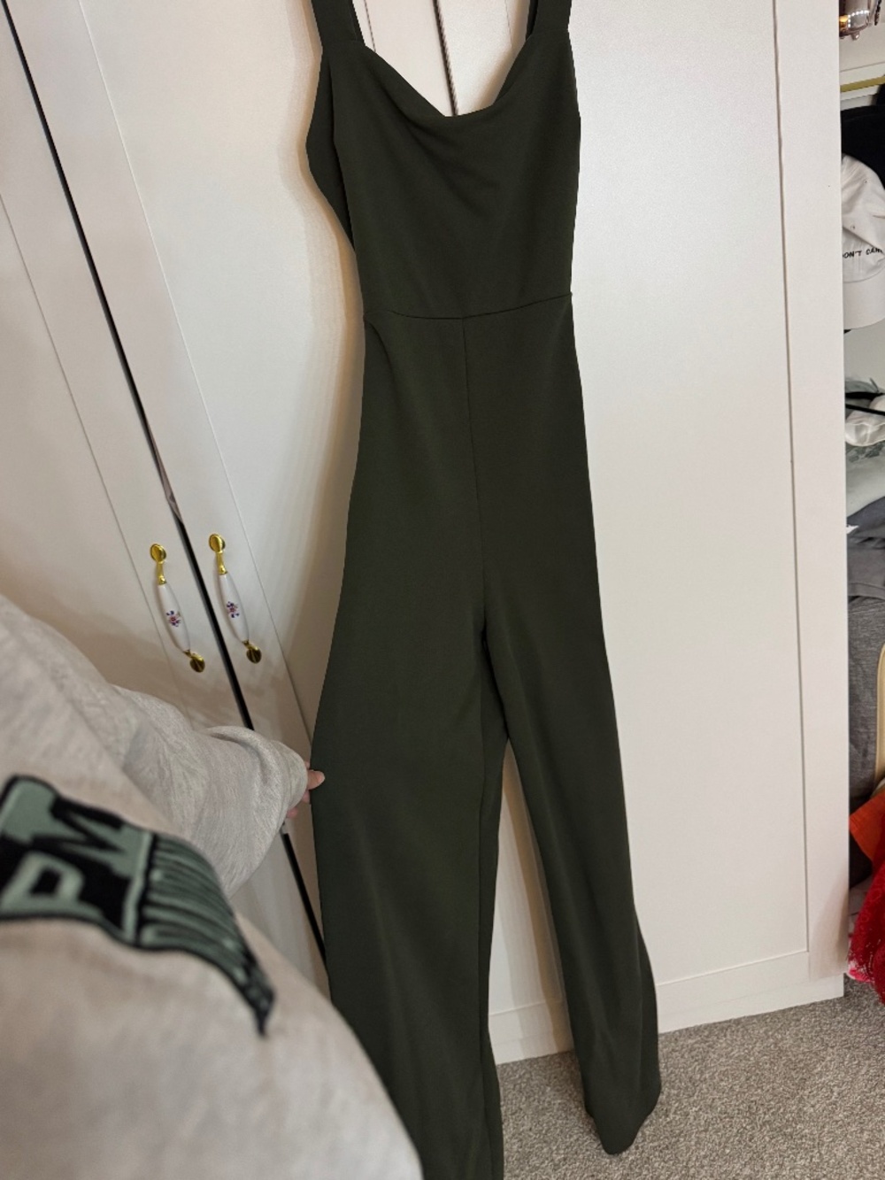 Windsor Olive Green Cowl Neck Wide Leg Belted Jumpsuit Medium